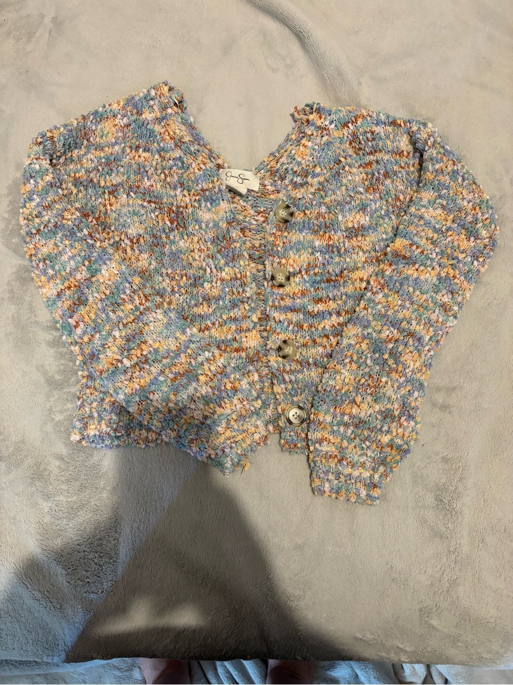 Jessica Simpson Multicolor Bouclé Button Cardigan - Blue, Cream, Tan